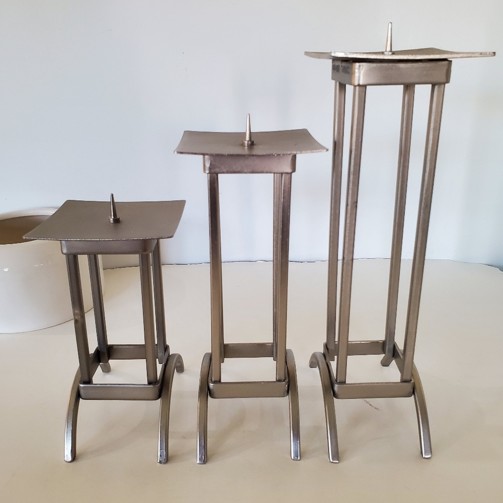 Silver Metal Hand Crafted SET OF 3 Candle Holders 10" 8" 6" Tall Industrial ART
